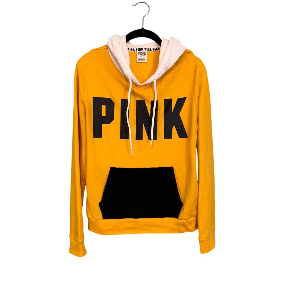 Pink Victoria's Secret Hoodie L Yellow Colorblock Fleece Pullover Sweatshirt Y2K